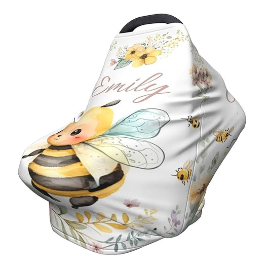 Personalized Bee Baby Car Seat Cover with Name,Multi-Use Canopy for Nursing, Strollers,Shopping Carts,Customized Breastfeeding Cover, Full Privacy,Infant Stroller Cover