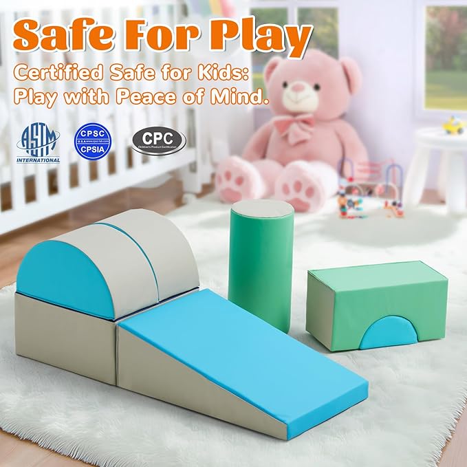 Toddler Climbing Toys Indoor, 5-Piece Foam Baby Climbing Blocks, Soft Play Climbing Set for 1-3 Years Old, Modular Crawling & Sliding Equipment, Waterproof Easy to Clean (Green)