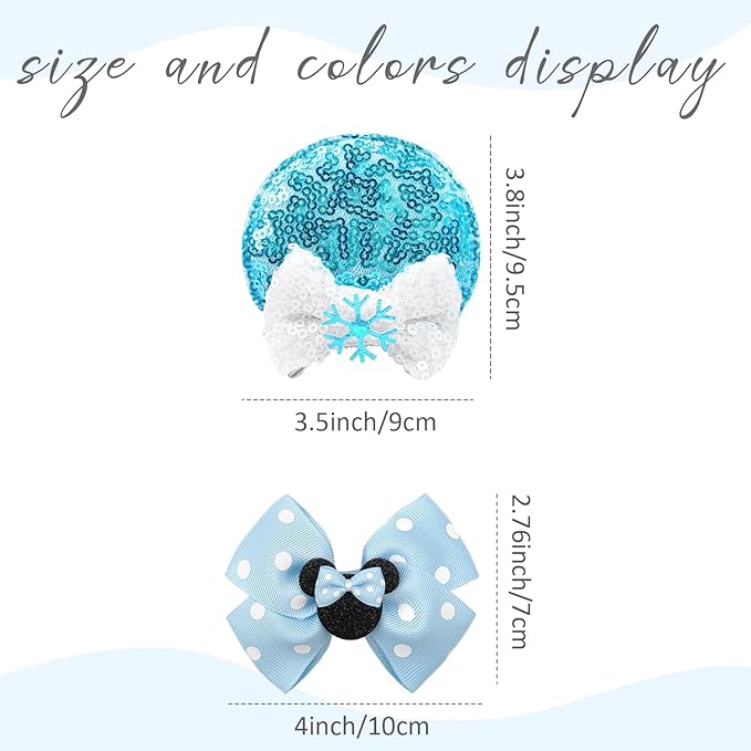 2 Pairs Blue Mouse Ears Hair Clips & Mouse Hair Bows Barrettes for baby Girls Accessories Birthday Party Decorations Gift