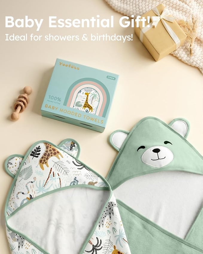 Yoofoss Hooded Baby Towels for Newborn 100% Organic Cotton Baby Bath Towel with Hood for Babies, Infant, Toddler and Kids, 32x32Inch, Soft and Absorbent Newborn Essential