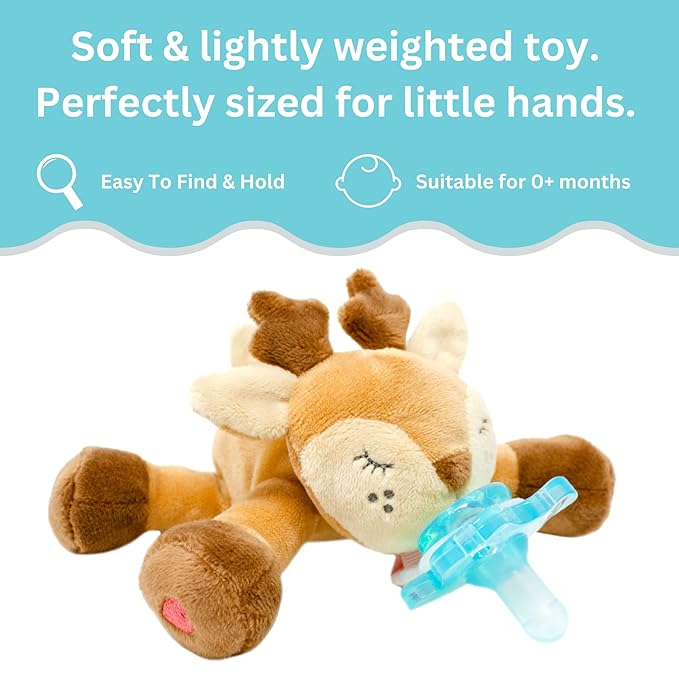 PaciBuddy Deer Pacifier Holder - Plush Toy with Detachable Pacifier & Universal Adapter, Gender Neutral Baby Gift for 0+ Months - Infant Plush Baby Toy, Versatile Baby Essentials, Binky