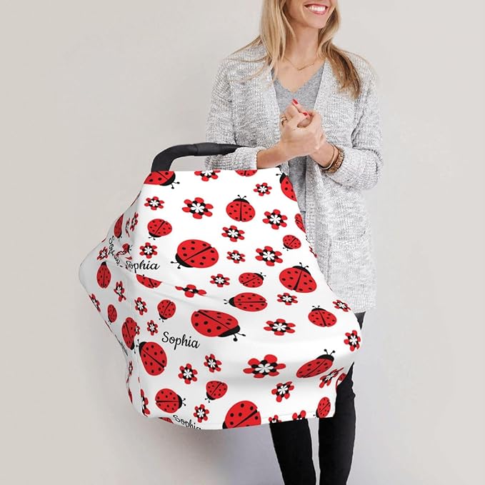 Personalized Baby Car Seat Cover for Boys Girls, Custom Lady Bug Nursing Covers for Breastfeeding with Name, Infant Stroller Cover, Baby Carseat Canopy for Newborn, Multiuse Car Seat Canopies