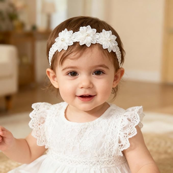 Baby Girls Hairband White Bow Lace Headbands Handmade Soft Stretchy Wide Head Band Newborn Hairbands with Bows Pearls Elastic Headband for Infant Hair Accessories（Three White Flowers）