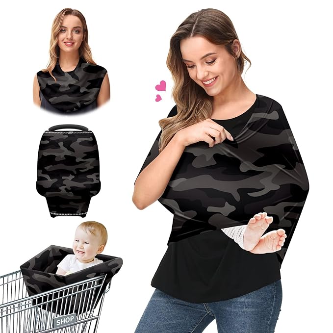 Baby Car Seat Stroller Covers Black and Grey Camouflage Nursing Cover Breastfeeding Scarf Soft Breathable Stretchy Coverage Carseat Canopy Cover for Boys and Girls Soft Breathable Multi Use