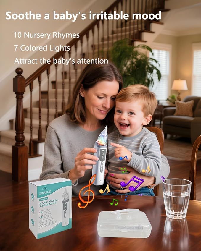 Nasal Aspirator for Baby,Baby Nose Sucker,Electric Nasal Aspirator for Baby,for Relieving Nasal Congestion,Nose Cleaner with 3 Silicone Tips,Adjustable Suction Level,Music and Light Soothing Function