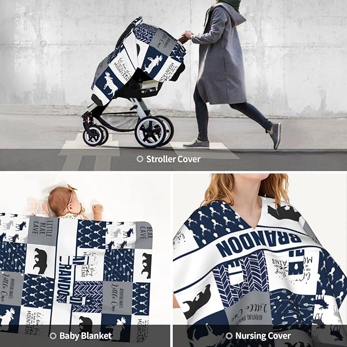 Personalized Baby Car Seat Canopy for Babies, Custom Name Car Seat Covers for Boys, Opening Minky Nursing Breastfeeding Cover for Infant, Carseat Canopies for Newborn (Woodland Deer Bear Blue)