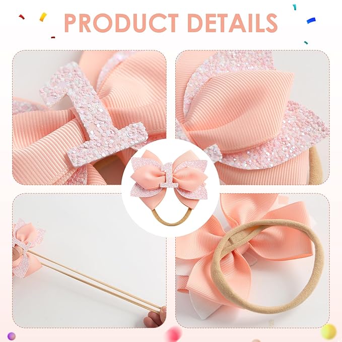 Glitter Birthday Hair Bow for Baby Girls 1 2 3 4 5 6 Years Peach Party Decoration Hair Accessories Headband for First 1st One Birthday