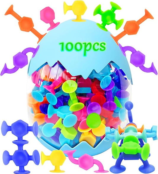 100pcs Suction Bath Toys for Kids, Easter Stocking Stuffers Silicone Construction Building Blocks Montessori Sensory Toy for 3 4 5 6 7 8 Years Old Toddlers Boys Girls with Egg Storage