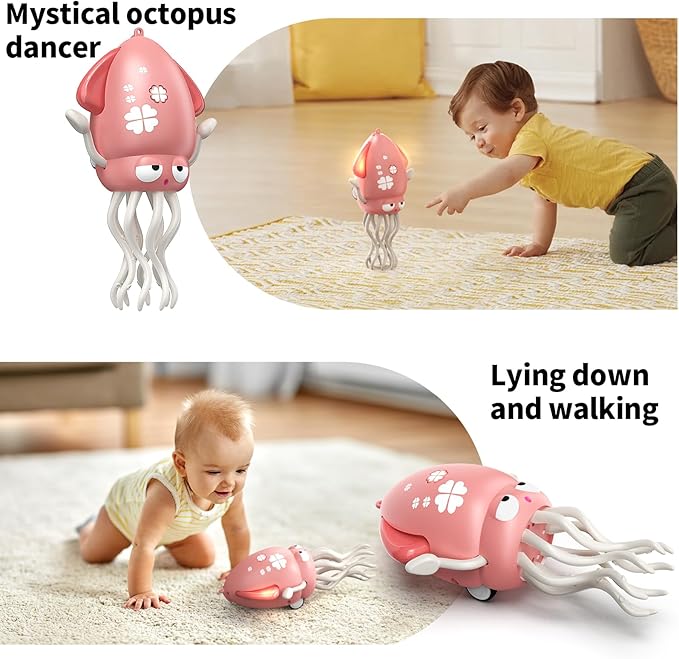 Electric Dancing Octopus Toy with Led Light and Music, Kids Electric Crawling Octopus Tummy Time Toys, Rechargeable Interactive Sensory Toys for Christmas Birthday Gift (Pink)
