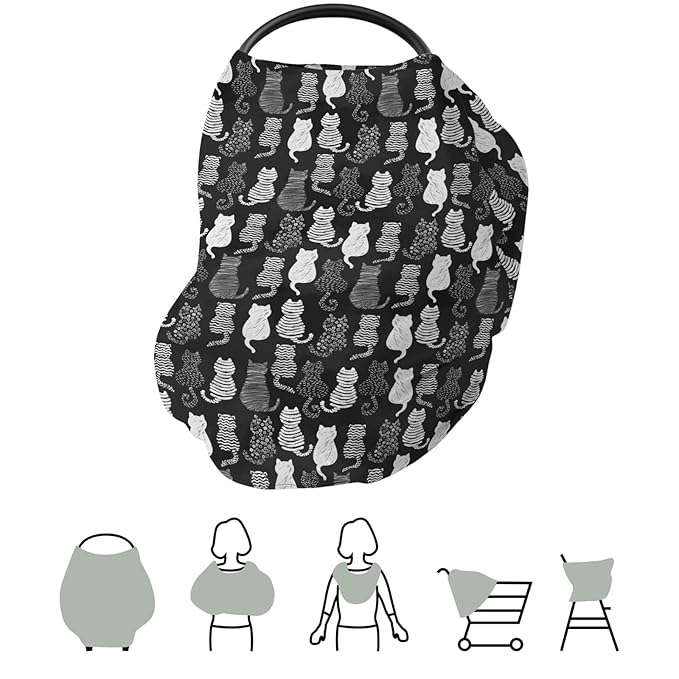 Stylish Cat Shapes Car Seat Cover for Babies Black and White Cat Stretchy 5-in-1 Covers Adjustable Car Canopy Cover Cats Lovers Gift Breathable Nursing Cover-Up