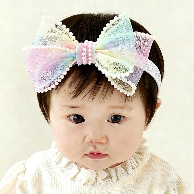 Bow Lace Headband for Baby Girls, Cute Bow Knot Hairband Pearl Elastic Headwrap for Newborn Infant Toddlers (Rainbow)