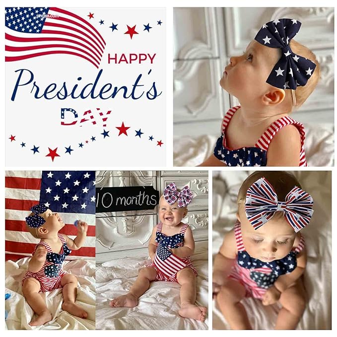 4th of July America Flag Baby Headbands Cheer Bow, Baby Girls Red White Blue Star Spangled Patriotic Hair Bow for Newborns Toddlers Small Children,3 Pcs (America Flag-B)