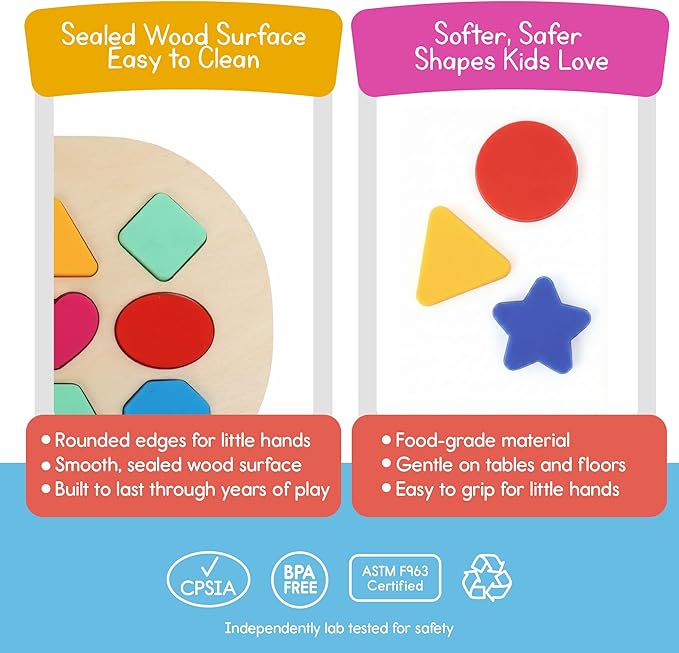 Shape Puzzle for Kids, Sensory Bin Insert for Sensory Tables, Silicone Geometric Shapes, Wooden Fine Motor Learning Toy by 7 Days of Play