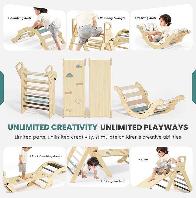 BlueWood Pikler Triangle Set with Cushion, 8-in-1 Climbing Toys for Toddlers, Montessori Philosophy Play Jungle Gym with Arch, Ramp, Ladder(Mauve Pink)