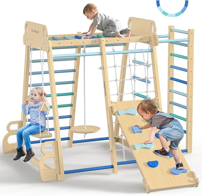 BlueWood Upgraded Indoor Jungle Gym 9-in-1 Playground Kids Climbing Toys, Waldorf Style Wooden Climber Playset with Slide, Swing, Monkey Bars, Upright/Rope Ladder, Climb Net, Blue