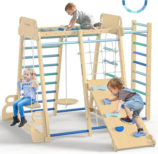 BlueWood Upgraded Indoor Jungle Gym 9-in-1 Playground Kids Climbing Toys, Waldorf Style Wooden Climber Playset with Slide, Swing, Monkey Bars, Upright/Rope Ladder, Climb Net, Blue