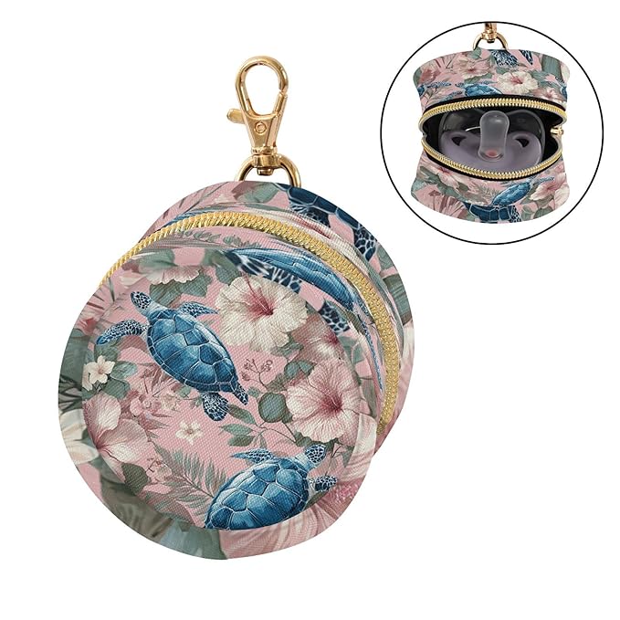 Pacifier Holder with Clip Pacifier Case for Diaper Bag Round Baby Pacifier Pouch Box Bag Portable Sea Turtles and Pink Hibiscus