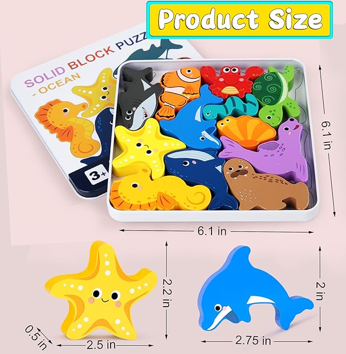 KECIABO Wooden Animal Puzzles Toys for Toddlers,12 Pcs Sea Animals Figures,Animal Matching Sorting Stacking Toy for Boys Child Girls,Educational Learning Toys Gift for Kids