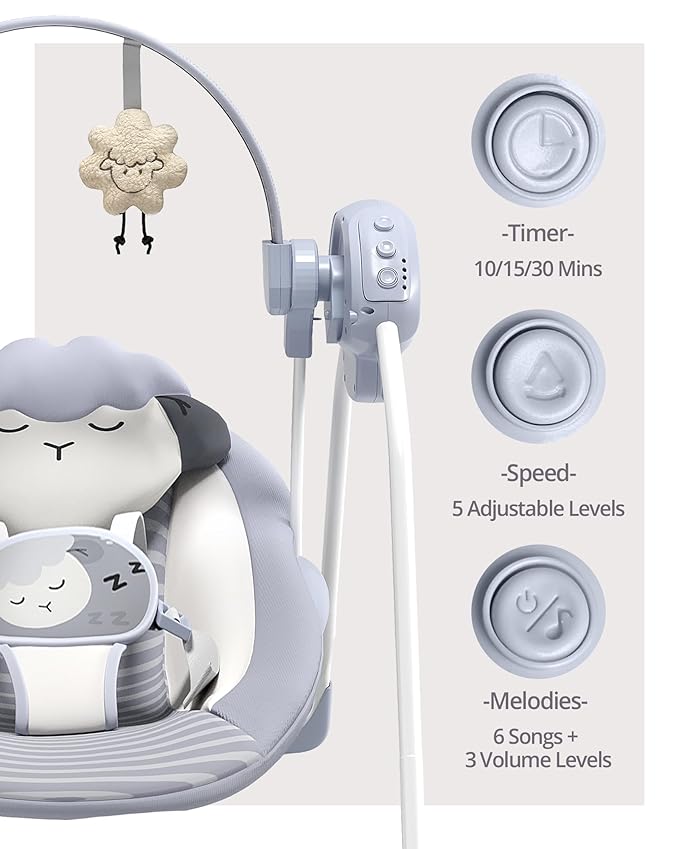 Baby Swings for Infants, Portable Baby Swing with 5-Speed, with Music and Timing for 0-9 Months 6-20 lbs