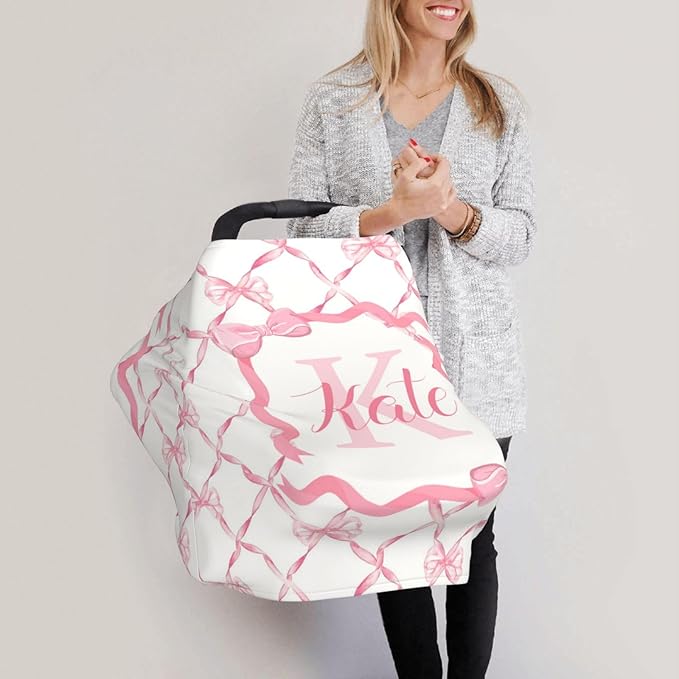 Personalized Baby Car Seat Cover for Girls, Custom Pink Bow Nursing Covers for Breastfeeding with Name, Infant Stroller Cover, Baby Carseat Canopy for Newborn, Multiuse Car Seat Canopies