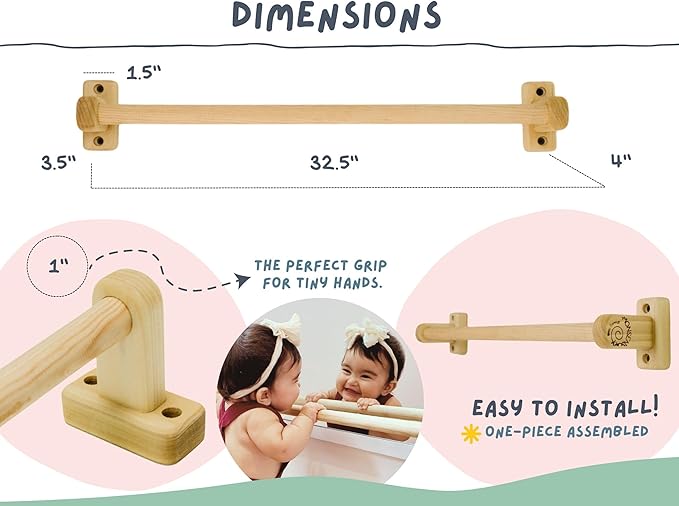 32.5 in. Long Montessori Pull Up Bar for Babies | Excercise Guide, Hand-Made, Assembled, Quality Wooden Toy Bar for Infants, Ballet Bar for Toddlers.