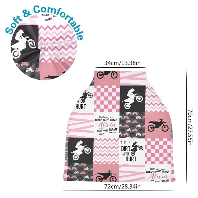 Personalized Baby Car Seat Cover for Boys Girls, Custom Nursing Covers for Breastfeeding with Name, Infant Stroller Cover, Baby Carseat Canopy for Newborn, Multiuse Car Seat Canopies, Dirt Bike Pink