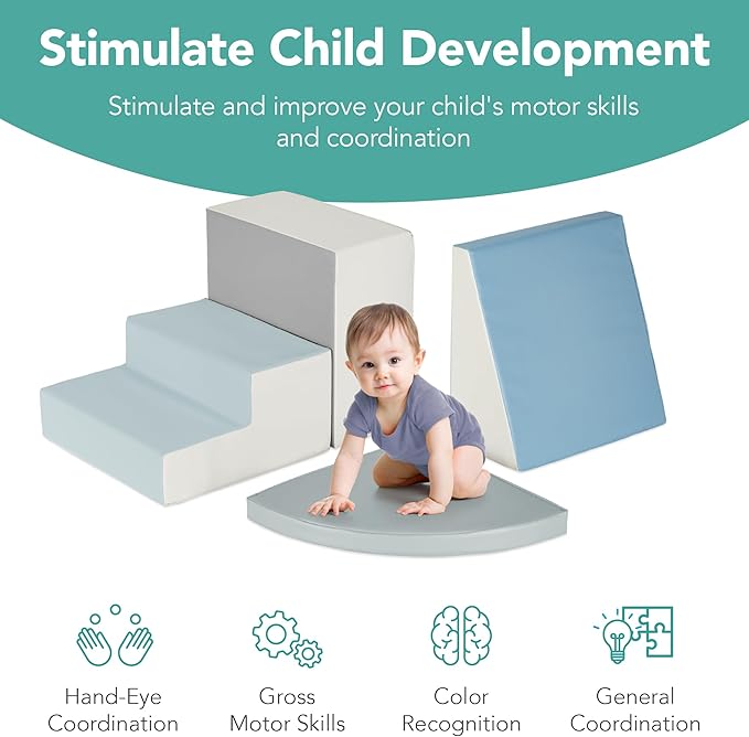 Best Choice Products Soft Foam Climbing Blocks for Toddlers, 4-Piece Baby Play Set, Easy-Clean Vinyl Foam Shapes, Safe Certified Materials, Early Learning Motor Skill Development Toy - Blue