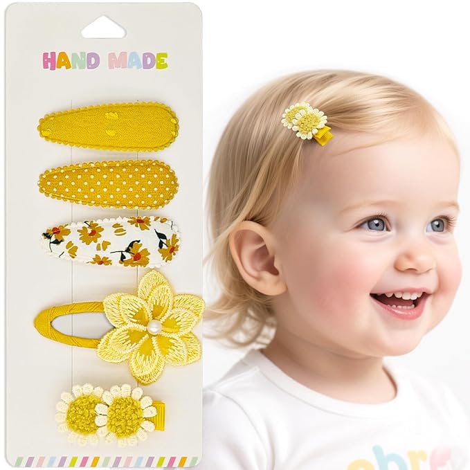 5Pcs Baby Hair Clips for Girls Toddler, 4 Snap Clips + 1 Fully Wrapped Alligator Clip, Soft Creamy Yellow Floral Set with Faux Pearl, Non Slip Toddler Hair Clips Safe for Newborn Infants