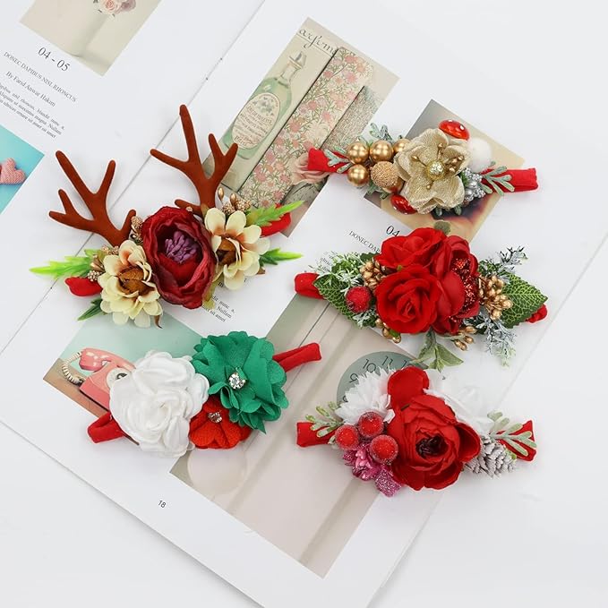 Cinaci 5 Pack Delicate Floral Flower Nylon Headbands Hair Bands Christmas Hair Accessories for Baby Girls Newborns Infants Toddlers Kids (5 Pack S6)