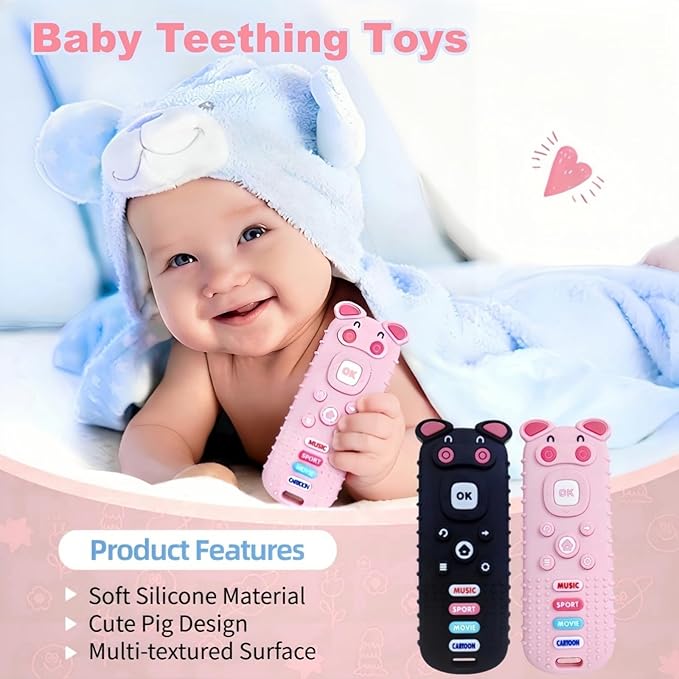 2Pcs Baby Teething Toys, BPA-Free Food Grade Silicone Baby Remote Control Teething Toy for 3-18 Months, Baby Remote Teether, Newborn Teething Relief TV Remote Pig Shaped Toy (Pig Black&Pink)