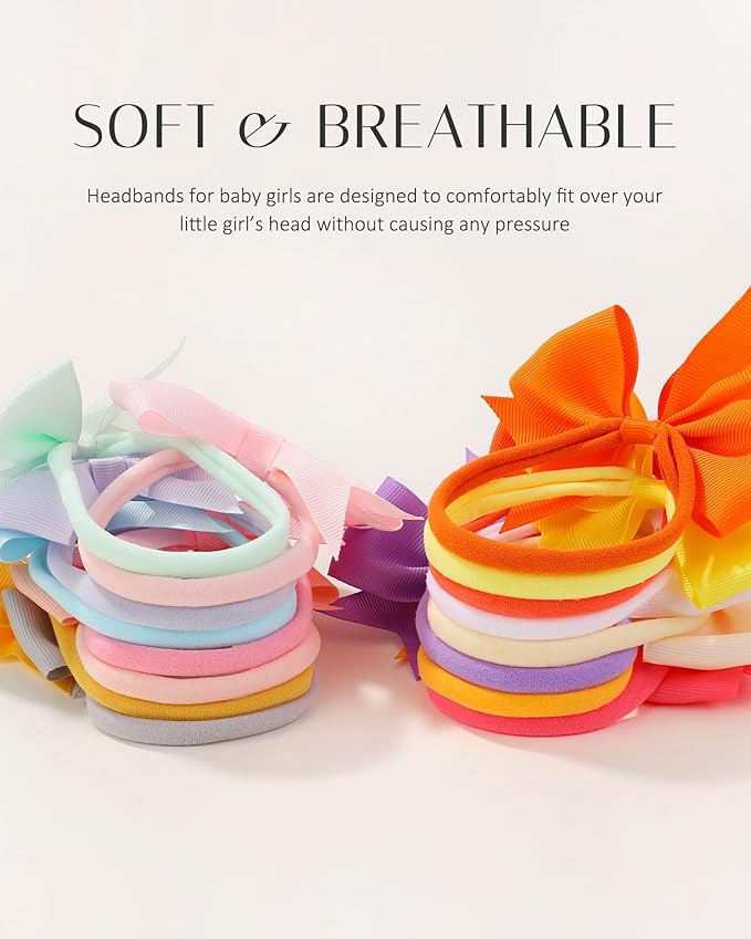jollybows 40pcs Baby Girls Grosgrain Ribbon Hair Bows Headbands 4" Hair Band Hair Accessories for Infants Newborn Toddler