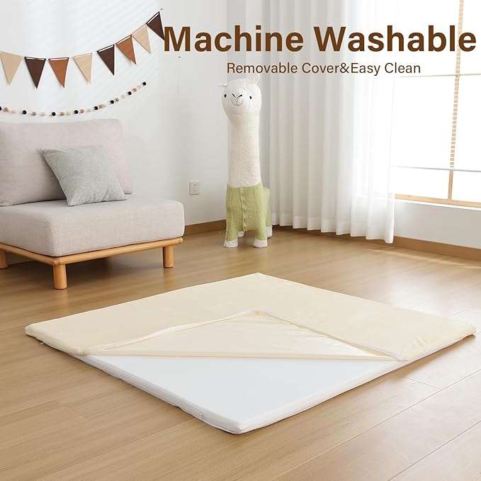 Baby Play Mat for Floor,1.3" Thick Soft Foam Playpen Mat with Removable Washable Cover,Waterproof & Anti-Slip 50" x 50" Nursery Rug for Tummy Time,Kids Crawling Mat for Toddlers Infant, Beige