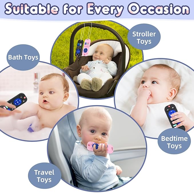 Teething Relief Teether Toys for Babies 3 6 9 12 Month Gifts, Silicone Sensory Remote Control Baby Chew Toy for Newborn Infant Autism Boy Girl Birthday or Easter, Pink & Black