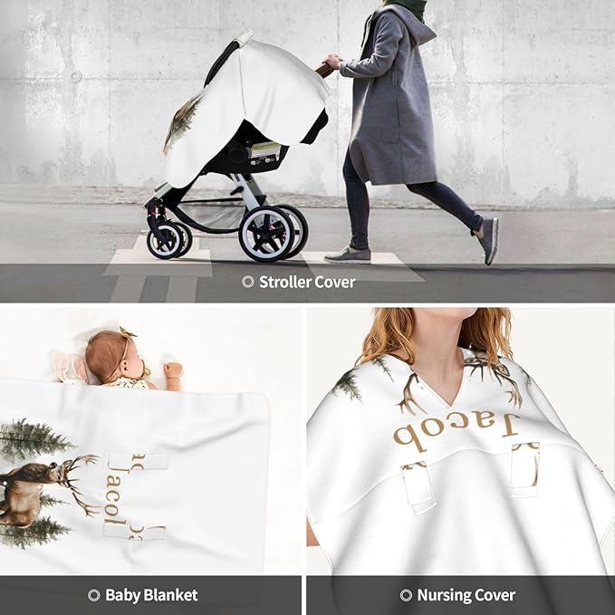 Personalized Baby Car Seat Canopy with Name – Custom Woodland Deer Minky Nursing Cover for Boys & Girls, Soft Stroller Cover for Infants & Newborns, Carseat Canopy for Breastfeeding