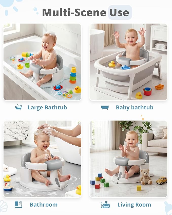 ONTHEWEI Baby Bath Seats for Babies Sitting Up, Non-Slip Baby Bathtub with 3 Suction Cups, Safe & Comfortable Toddler Bath Seat Ideal for Baby Bath/Shower Support, Stable Design, Grey (6-24 Months)