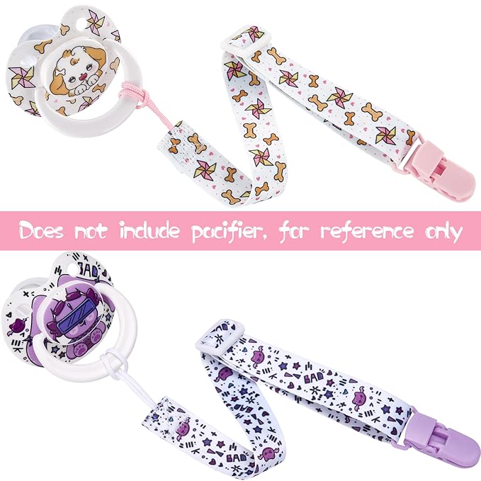 Cute Adult Pacifier Clips: Pacifier Holder Clip with Convenient Hook Loop - Bad Rock Rabbit & Windmill Puppy - 17 Inch Long 4 Pack Set