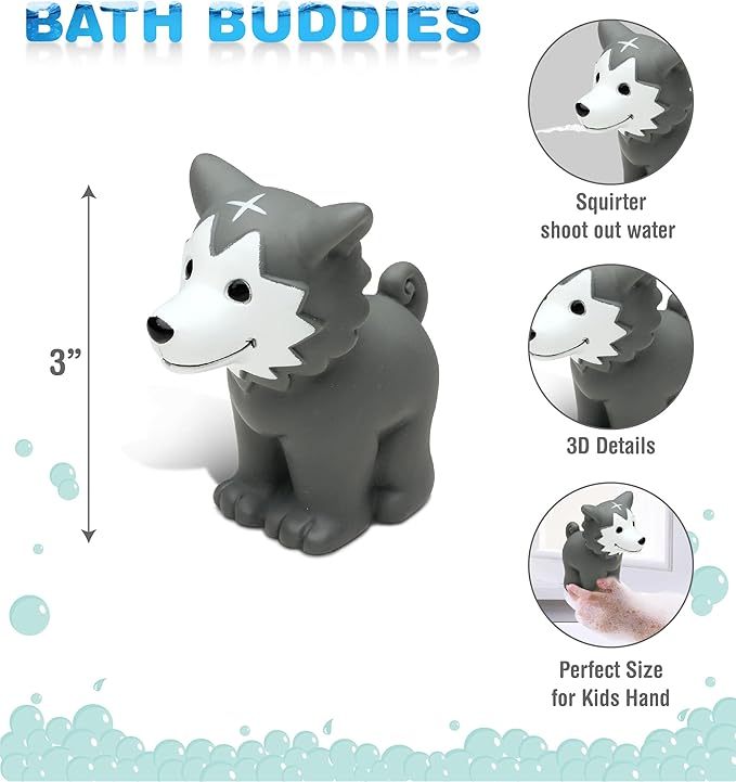DolliBu Wolf Bath Buddy Squirter – Floating Wolf Rubber Bath Toy, Fun Water Squirting Bathtime Play For Toddlers, Cute and Soft Wild Life Animal Toy For The Bathtub, Beach, and Pool for Girls and Boys