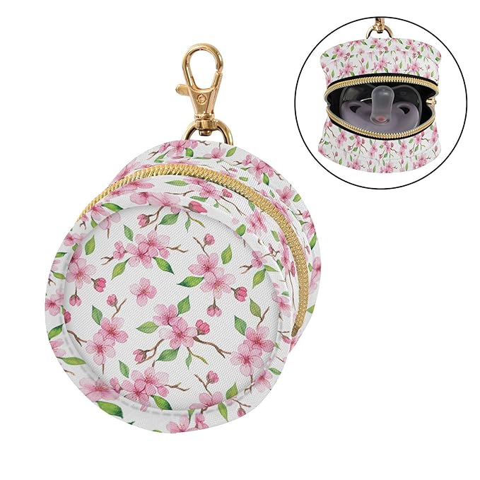 Pink Flower Leaves White Print Pacifier Holder Case for Diaper Bag Portable Travel Pacifier Storage Case with Clip Newborn Baby Pouch for Baby Boys Girls Purse Outdoor