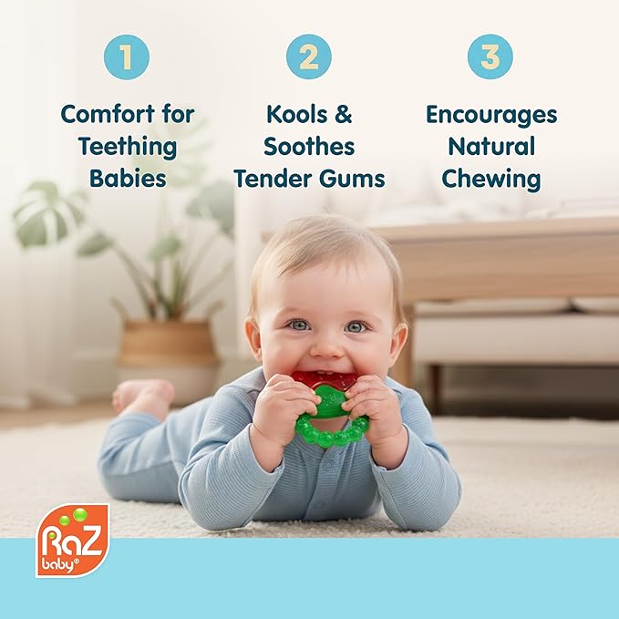 RaZbaby Fruit Koolers 3-Pack Koolers Water-Filled Teethers – Fun Fruit-Inspired Cooling Relief for 3M+ | Safe, BPA-Free Teether that Soothes Tender Gums