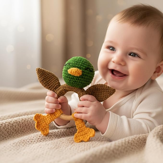 Wooden Baby Rattle for Boys and Girls, Crochet Stuffed Animal for Newborn, 3 4 5 6 Month Toys, Mallard Duck