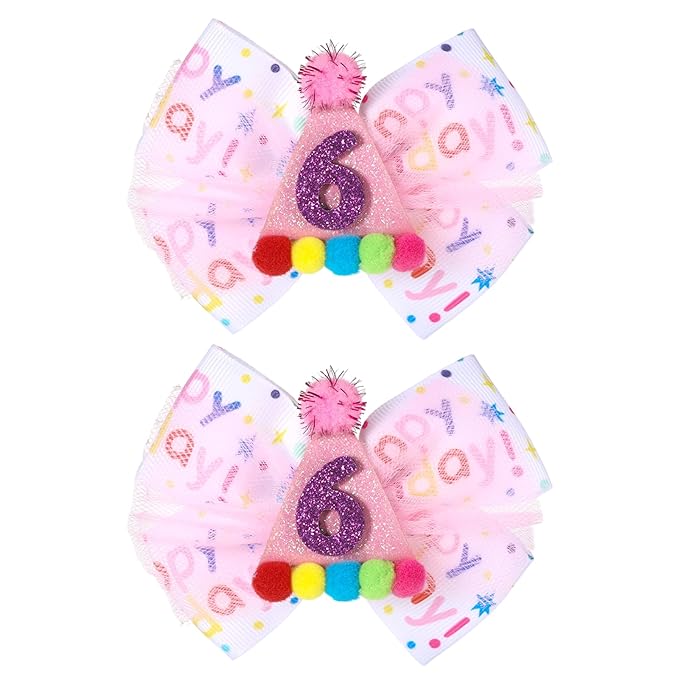 2Pcs Birthday Hair Bow for Baby Girls 1 2 3 4 5 6 Years, Pink Confetti Ice Cream Party Decorations, Sparkling Bows Hair Accessories for 6th Birthday