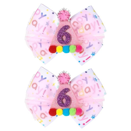 2Pcs Birthday Hair Bow for Baby Girls 1 2 3 4 5 6 Years, Pink Confetti Ice Cream Party Decorations, Sparkling Bows Hair Accessories for 6th Birthday