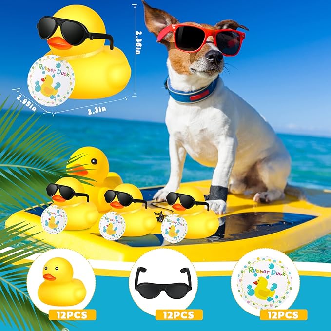 Chivao 12 Pcs Mini Rubber Ducks with Sunglasses/ Glasses and Hats/ Necklace, Cruise Rubber Ducks in Bulk Valentine Gift Small Bathtub Toy for Hiding Party Favor(Card Style,Yellow)
