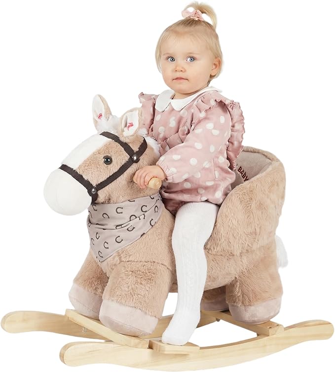 Rock My Baby Rocking Horse, Baby Animal Rocking Horse with Seat, Ride on Horse, Plush Rocking Horse with Realistic Sound, Wooden Rocking Horses Ages 1-3 (Caramel Color Horse), CPC Certified