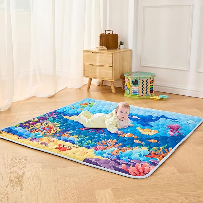 Baby Play Mat, 50" X 50" Playpen Mat Premium Foam Baby Floor Play Mats, Foldable Thick One-Piece Crawling Mat, Non-Slip Cushioned Baby Playmat for Infants,Babies,Toddlers (Blue)
