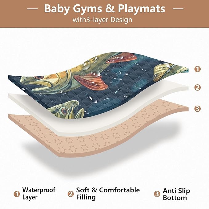 Trout Fish Watercolor Baby Playmat Washable Playroom Crawling Mat Non-Slip Play Mats for Floor 50x50 Mat