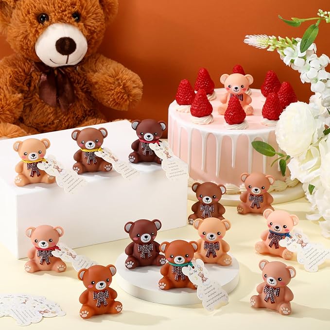 HyDren 72 Pcs Rubber Bear Party Favors Includes Squeak Floating Bath Toys Bulk Cards with Elastic Bands Small Rubber Ducks(Bear Shape)