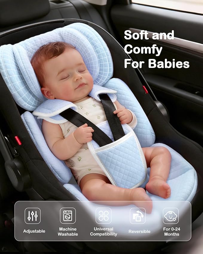 Infant Car Seat Insert Adjustable Head Support for Preemie Newborn Toddler, Reversible Baby Head Body Support Cushion for Carseats and Strollers Side Impact Protection - Light Blue