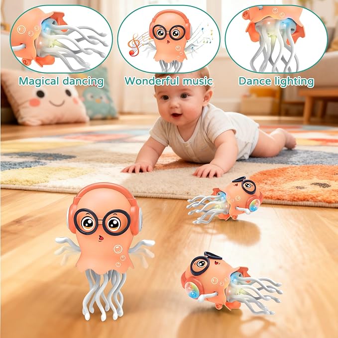 Magic Electric Dancing Jellyfish Toy with Led Light and Music,Playful Automatic Steer Crawling Dancing Baby Toy with Smart Tentacle Explorer,Octopus Toy,Tummy Time Toys (Orange)