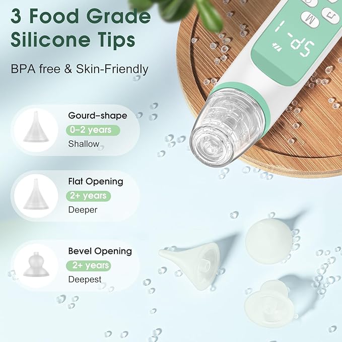 Electric Nose Suction for Baby,Baby Nose Aspirator with 3 Suction Levels and 3 Silicone Tips Fit 0-24 Months Infant ,Soothing Music & Light Distracts Help Toddler During Sick Days,Green.